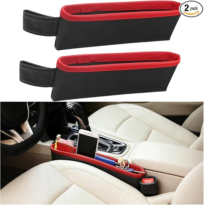 2PCS Car Seat Gap Filler Organizer, Leather Seat Gap Catcher Holder Pocket for Phones Keys Glasses, Auto Center Console Side Crevice Stopper Storage Box, Universal for Vehicles (Black/Red) by Unknown