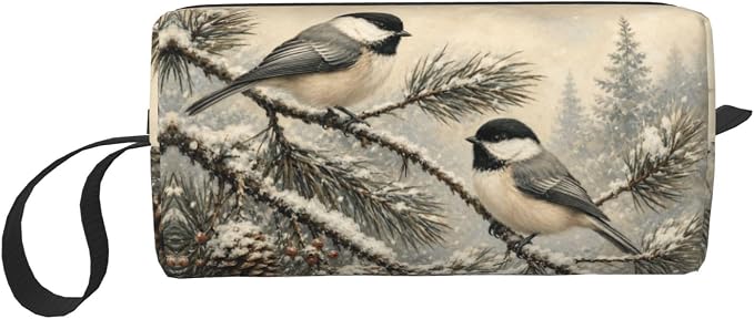 Chickadee Pair on Snowy Pine Makeup Bag for Women, Cosmetic Pouch | Double-Sided Winter Chickadee Cosmetic Organizer with Foam Padding for Women, Travel, Gym, School, and Daily Storage by OLUSENMO