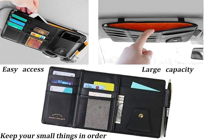 Black Car Sun Visor Organizer, Document Storage Pocket Interior Accessory | Visor accessories multi-slot design stores docs, cards & sunglasses, slim fits all vehicles without obstructing sight - Image 2