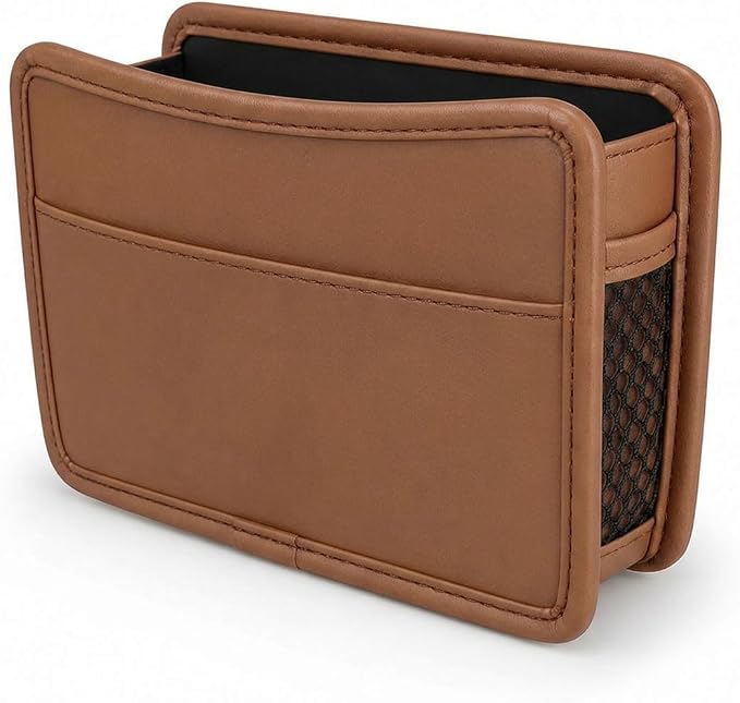 Car Seat Side Pocket Organizer, Leather Sewn Multifunctional Automotive Trash Bag, Small Vehicle Door Pouch for Cell Phone, Key, Wallet, Sunglasses (Brown) by Unknown
