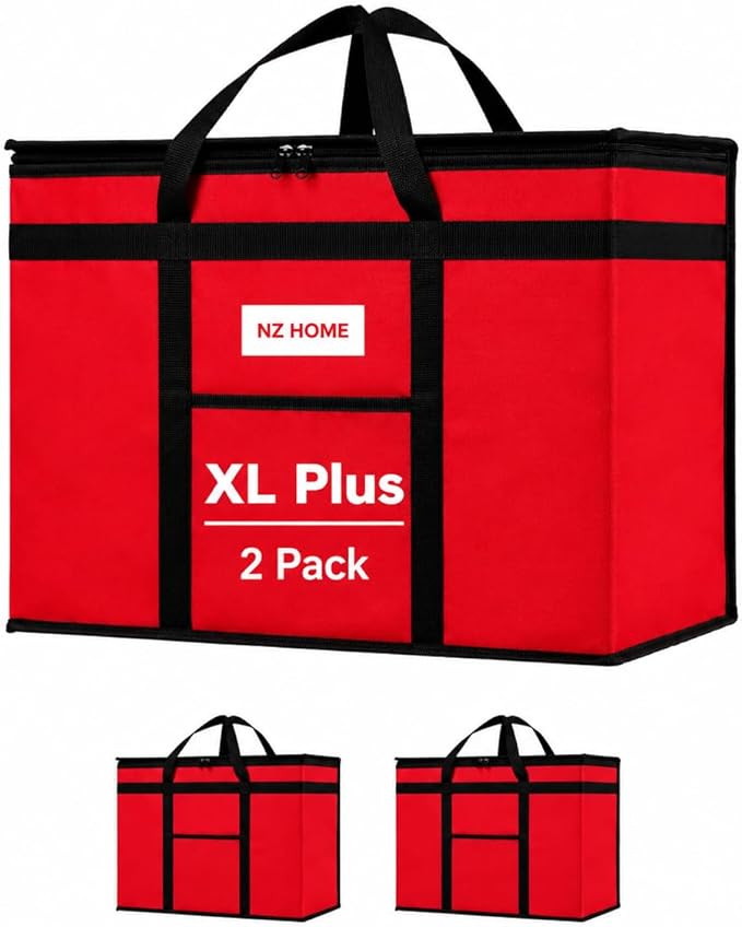 NZ home Insulated Food Bag, Portable Cooler Tote (XL Plus, Red, 2 Pack) | Large thermal bag, For cold & hot food, Soft sided cooler, Heavy duty carrier, Grocery shopping, Food delivery, Catering bag by NZhome