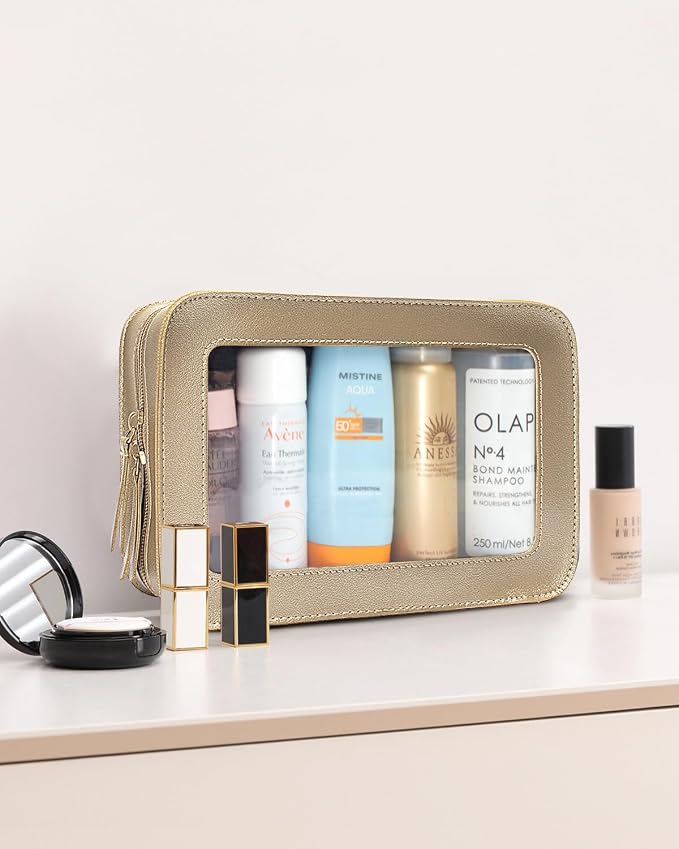 Clear Makeup Bags,TSA Approved Toiletry Bag with Zipper,Sunscreen Bag Clear Makeup Toiletry Pouch Beach Vacation Essentials for Women Teen Girls Gifts(Golden) - Image 9