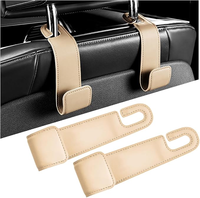 2PCS Car Seat Headrest Hook, Leather Vehicle Seatback Organizer Hanger for Hanging Purses Bags Coats, Auto Seat Back Storage Hook Accessories, Universal for SUV, Sedan, Truck (Beige) by KHGUZ
