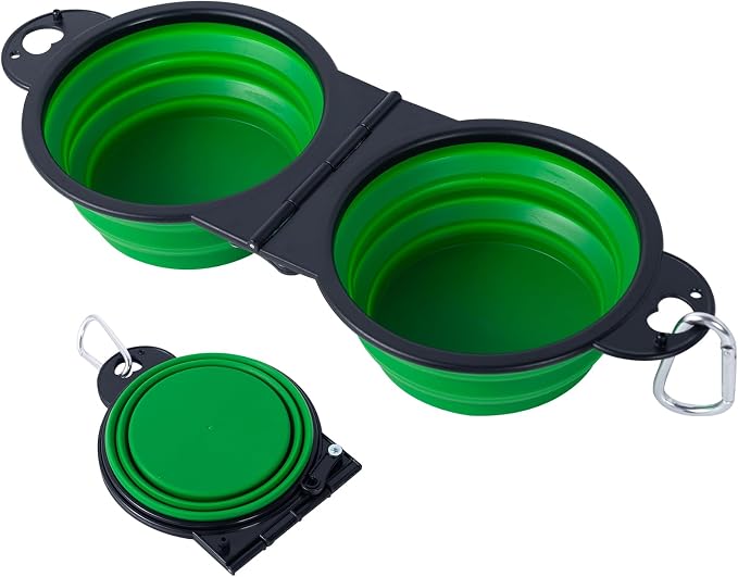 SLSON Collapsible Dog Dual Bowls Reinforced Rim 180 Degrees Flip Over Foldable Double Bowl with Lock Clips More Stable Dog Travel Bowls Pet Food Water Feeder (Green) by SLSON