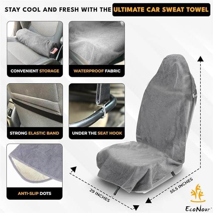 EcoNour Car Seat Cover Sweat Towel Waterproof Universal Seat Protector | For Gym, Workout, Swimming, Camping & Dog | Travel Washable Car Seat Cover for Cars, Trucks, SUVs & Vans – Grey 29" x 55.5" - Image 2