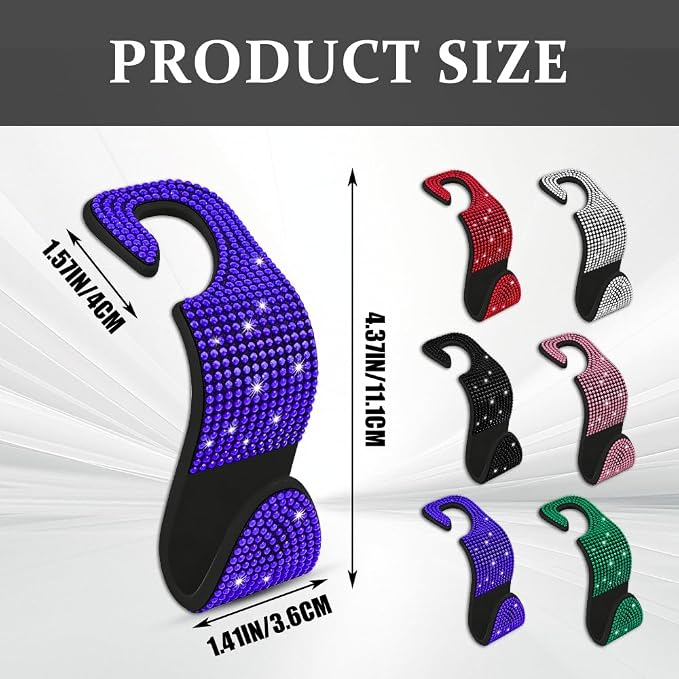 2PCS Bling Car Seat Headrest Hooks, Sparkling Rhinestone Car Seat Hook | Auto Rear Seat Hidden Hook Hanger, Universal Car Storage Accessories for Purse Coats Umbrellas Grocery Bags - Image 2
