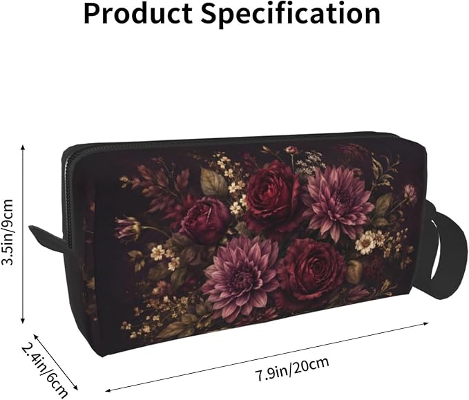 Burgundy Floral Small Makeup Bag, 600D Oxford Travel Pouch | Burgundy Floral Cosmetic Pouch with Double-Sided Print and Foam Padding for Women, Travel, Gym, Weekend Trips and Daily - Image 3