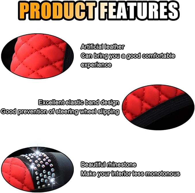 JOYCOURT 15 Inch Bling Soft Leather Car Steering Wheel Cover, Red | Colorful Rhinestones Design, Auto Elastic Protector for Women Girls, Crystal Diamond Car Accessories for Most Cars, SUVs - Image 4