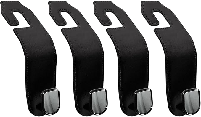 Leather Seat Headrest Hook, 4 Pack Purses and Bags Holder Hanger for Car Groceries Organization Accessories, Black by Teoenix