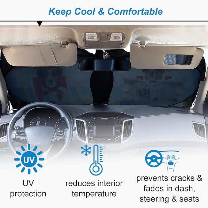 Car Windshield Sunshade, KANCOKIT Cartoon Pattern Auto Sun Shade Foldable for Front Window Sun Visor Protector UV Ray Reflector Keep Vehicle Cool Protect Kids Baby & Pets (59" x 33.5") (Umbrella) - Image 5
