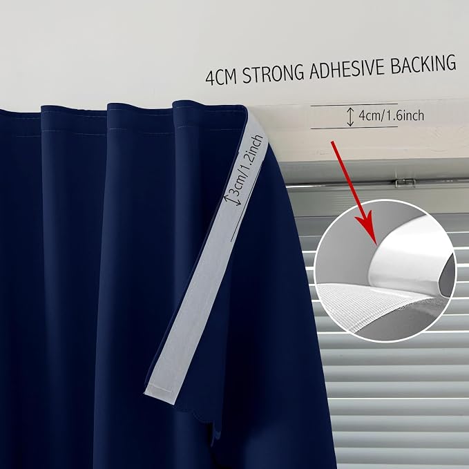 Thermal Blackout Curtains with Self-Adhesive Tape, No Rod No Drill Easy Install Window Cover for Bedroom Kitchen Dorm, 71" W x 59" L, Navy Blue, 2 Panels - Image 7