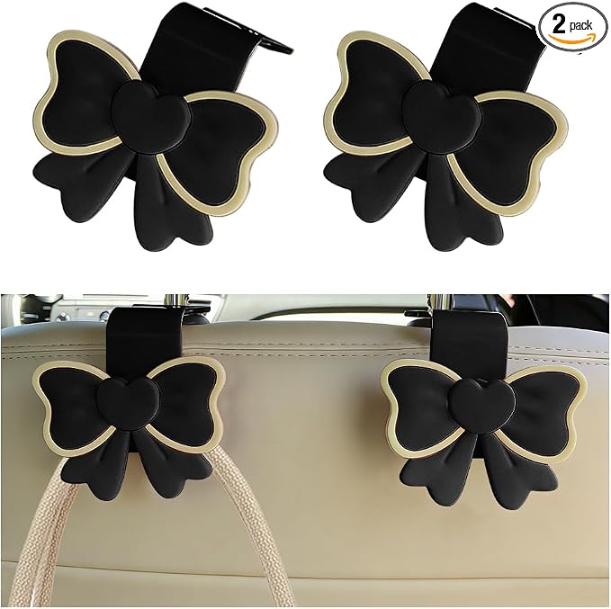 2PCS Car Seat Headrest Hook, Cute Bow Vehicle Backseat Storage Hanger Purse Handbag Organizer, Automotive Interior Seat Back Hook Holder for Umbrella Hat Bag, Universal for Vehicles (Black) by Unknown