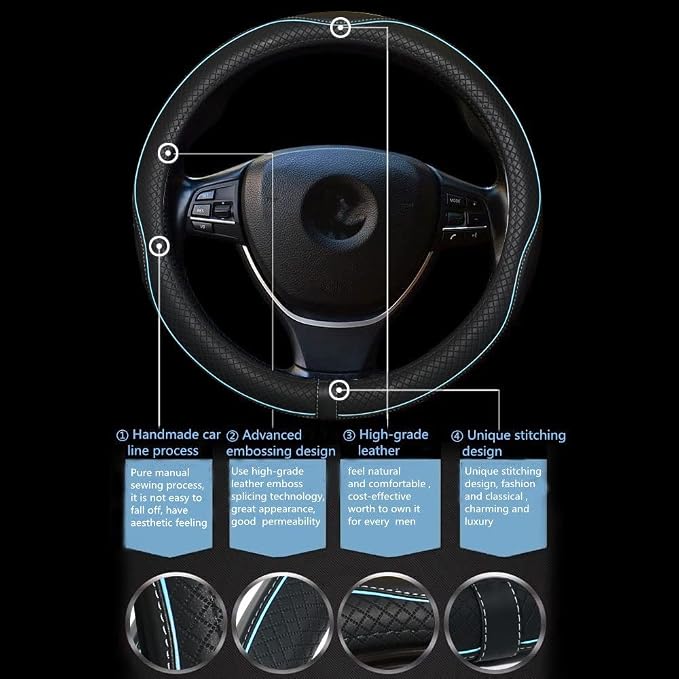 Car Steering Wheel Cover,Anti-Slip, Safety, Soft, Breathable,Heavy Duty, Thick,Full Surround,Sports Style (Black with Light Blue Line) - Image 4