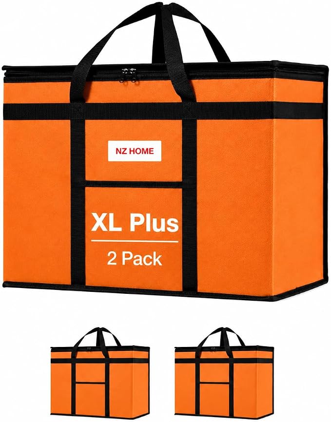 NZ home Insulated Food Bag, Portable Cooler Tote (XL Plus, Orange, 2 Pack) | Large thermal bag, For cold & hot food, Soft sided cooler, Heavy duty carrier, Grocery shopping, Food delivery, Catering bag by NZhome