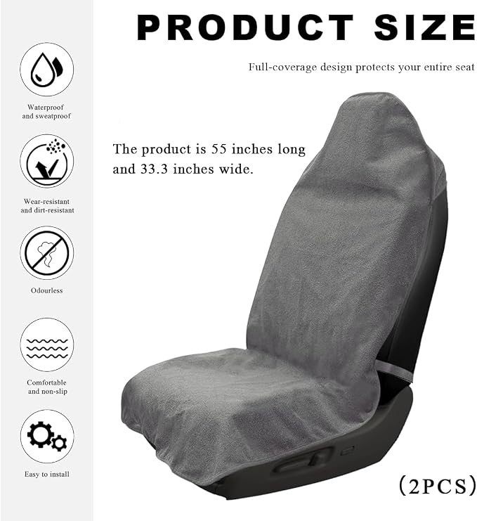 DXNQ 2PCS Car Towel Seat Cover, Waterproof Sweating Non-Slip Premium Soft Towel Carseat Protector, Universal Machine Washable Car Truck SUV Front Seat Cover for Gym Workout Beach Hiking (Gray) - Image 2