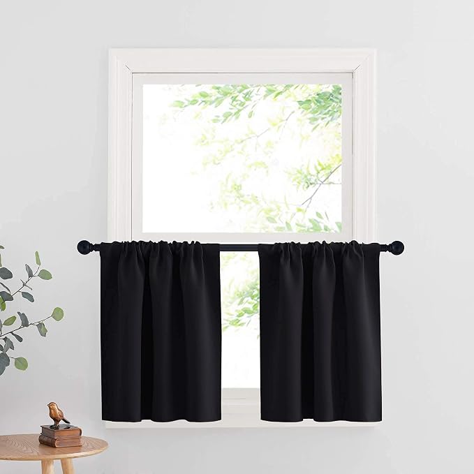 RYB HOME Cafe Blackout Curtains 24 inch Length, RV Camper Window Curtains | Short Small Half Window Tiers, Privacy, Thermal Insulated, Light UV Heat Blocking, Rod Pocket, W29 x L24, Black, 2 Panels by RYBHOME