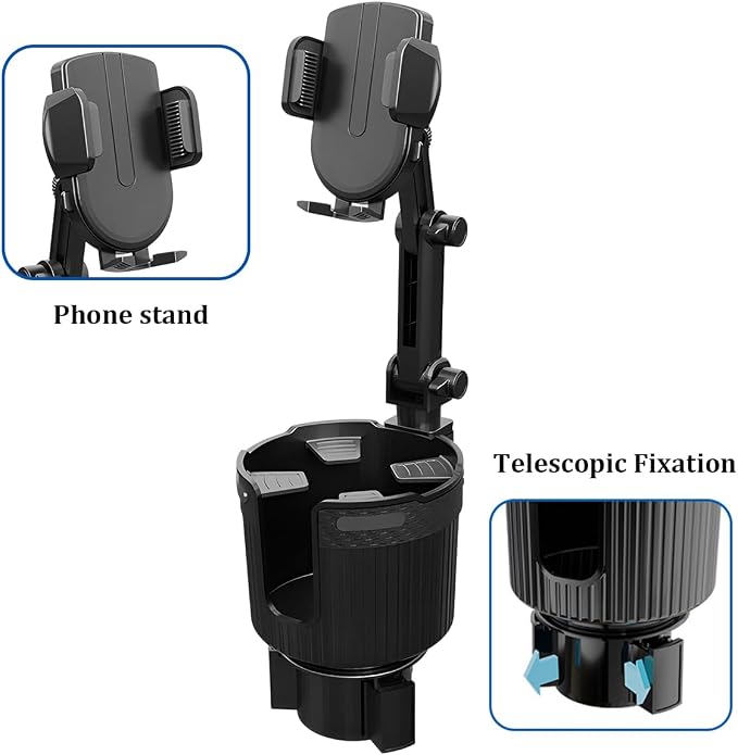 Adjustable Cup Holder Phone Mount 2-in-1 Vehicle Stand Black | Rotatable retractable base, abs construction, anti-slip pads, fits most cars, SUVs, and trucks, automotive accessories - Image 4