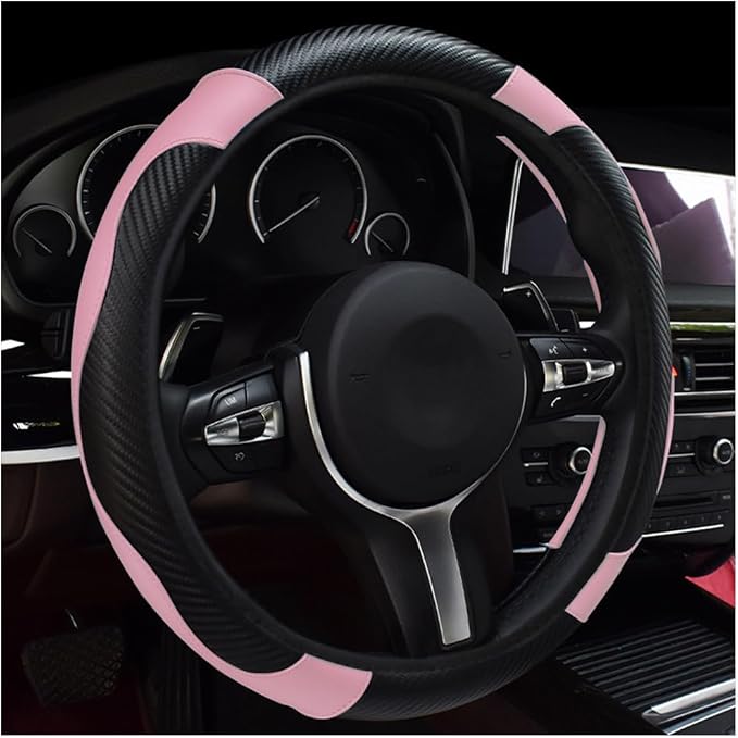 povtii Car Steering Wheel Cover, 15 Inch Leather Breathable Auto Steering Wheel Protector, Comfortable Non-Slip Vehicle Steering Wheel Covers, Universal Interior Car Accessories (Black+Pink) by povtii