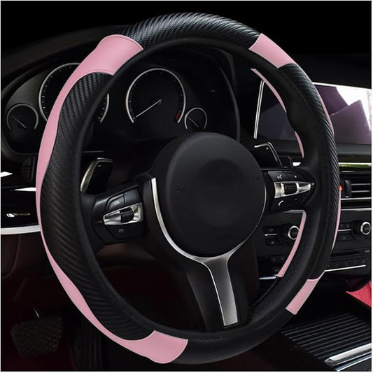 povtii Car Steering Wheel Cover, 15 Inch Leather Breathable Auto Steering Wheel Protector, Comfortable Non-Slip Vehicle Steering Wheel Covers, Universal Interior Car Accessories (Black+Pink) by povtii
