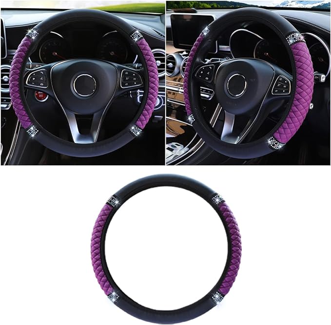 JOYCOURT 15 Inch Bling Soft Leather Car Steering Wheel Cover, Purple | Colorful Rhinestones Design, Auto Elastic Protector for Women Girls, Crystal Diamond Car Accessories for Most Cars, SUVs by JOYCOURT