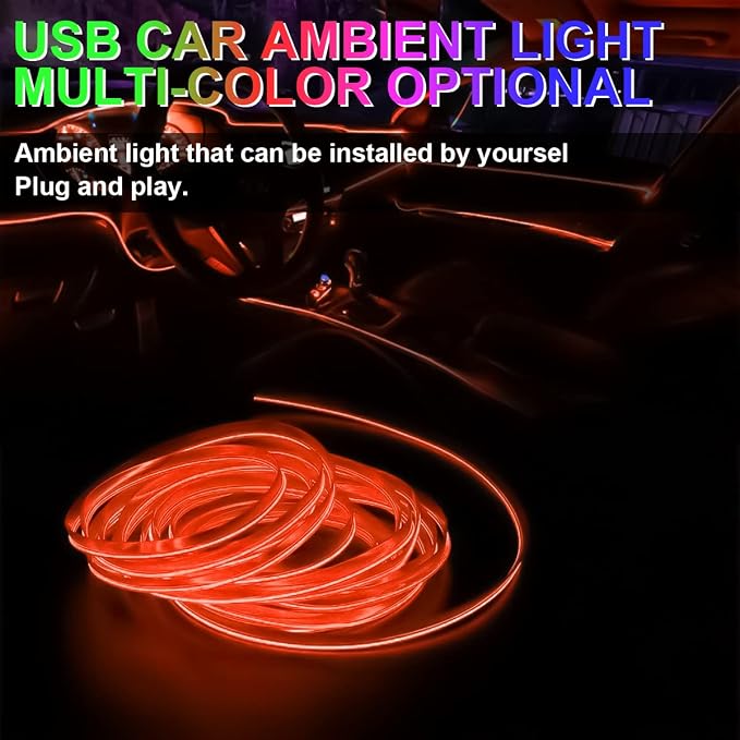 10FT EL Wire Strip Lights, USB Car Neon Trim, Sewing Edge, Orange | USB-powered operation, sewing-edge design, fuse protection, interior ambient lighting use, cut-to-length construction - Image 3