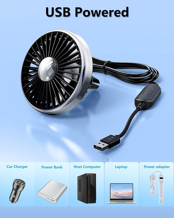 USB Fan for Car AC Air Vent to Boost Cooling Air Circulation | Colorful Light Car AC Fan for SUV Van RV Pickup Truck, Powerful 3 Speed, Quiet Brushless Motor, 360 Rotating Car Clip on Fan - Image 9