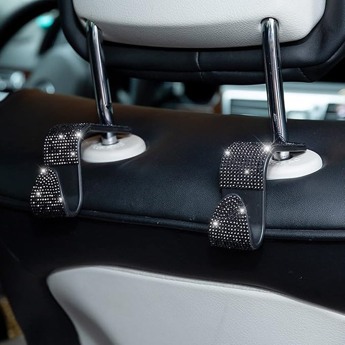 Moly Magnolia Bling Car Seat Headrest Hooks, 4PCS Handcrafted Rhinestones Seat Hanger Organizer for Handbag Purse Scarf, Universal for Cars, Auto Interior Accessories for Women Men (Black) - Image 5