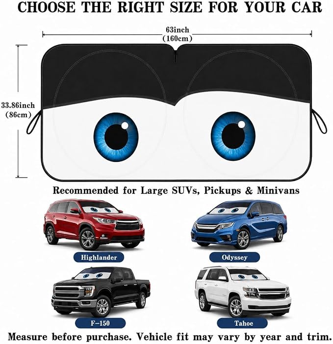 Car Windshield Sun Shade, Universal Fit Full-Size SUV Pickup, Cute Black | 63 x 33.86" Large Windshield Cover, Foldable Front Window Sunshade, UV Heat Protection, Cute Eyes Series - Image 5
