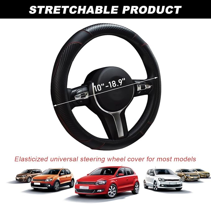 DXNQ Car Steering Wheel Cover, 15 Inch Carbon Fiber Leather Stitching Color Steering Wheel Protector, Anti-Slip Elastic Breathable Steering Wheel Cover Stylish Decor for Most Cars (Black) - Image 2