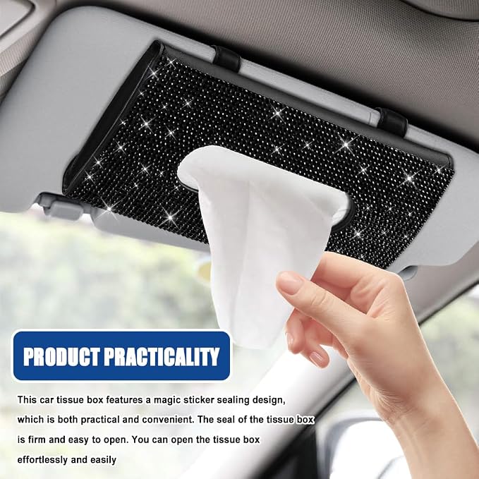 Bling Car Sun Visor Tissue Box Holder, Visor Accessories, Rhinestone PU Leather Crystal Sparkling Napkin Holder, Auto Sun Visor Paper Towel Cover Case Accessories for Most Cars (Black) - Image 4