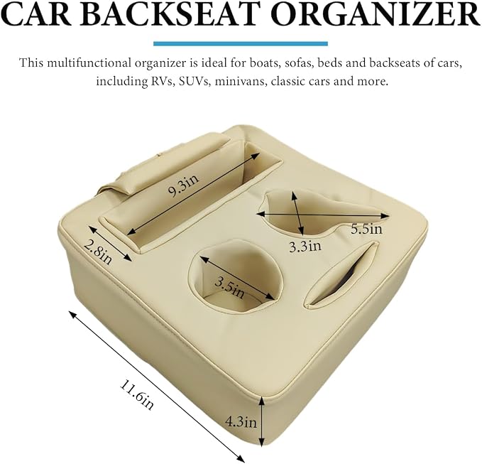 Car Back Seat Organizer, Leather Automotive Rear Seat Couch Cup Holder Expander Tray, Vehicle Cup Holder Tray Holds Snacks Remotes Phones for Truck RV Boat Couch Pillow Bed (Beige) - Image 2