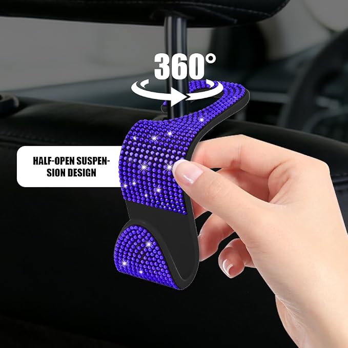 2PCS Bling Car Seat Headrest Hooks, Sparkling Rhinestone Car Seat Hook | Auto Rear Seat Hidden Hook Hanger, Universal Car Storage Accessories for Purse Coats Umbrellas Grocery Bags - Image 4