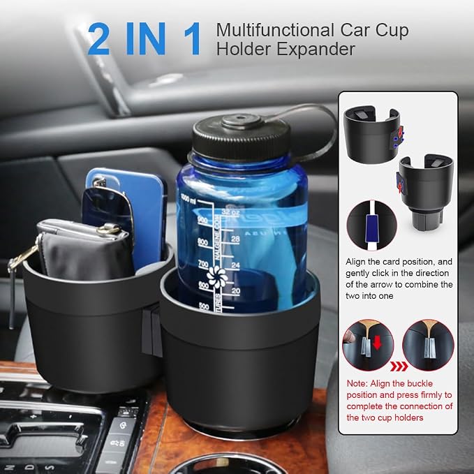 JINKEY Dual Cup Holder Expander for Car, 2 in 1 Multifunctional Large Car Cup Holder Expander Adapter with Adjustable Base, All Purpose Car Cup Holder for Bottles Cups Drinks Snack Organizer Grey - Image 2