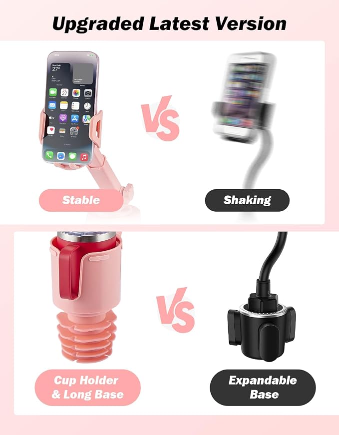 JOYTUTUS Cup Holder Phone Mount for Car, Car Cellphone Large Adapter Long Arm with 360 Degree Rotation, Compatible iPhone, Samsung & All Smartphones,Pink,1 Pack - Image 3