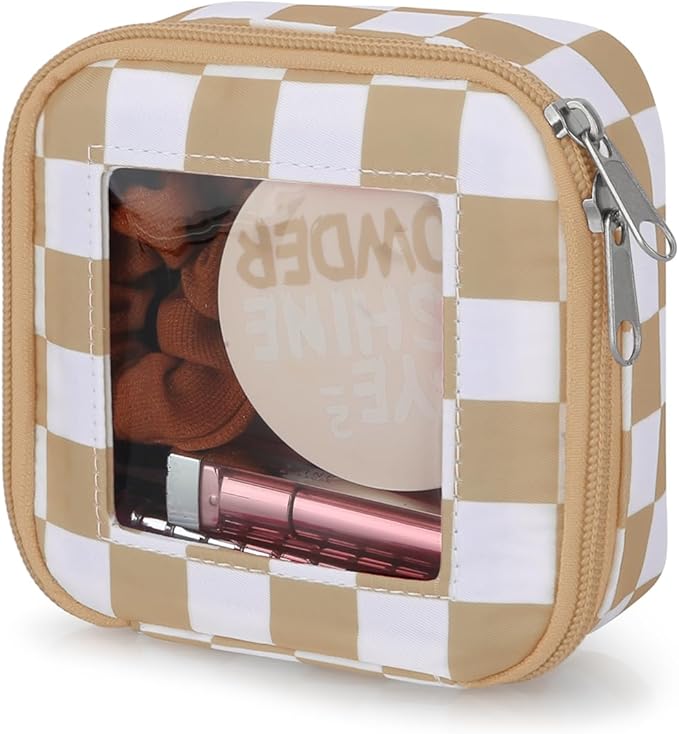 DOB SECHS Mini Checkered Bag for Purse 5.1'' x 5.1'' Small Makeup Bag for Car Cute Clear Cosmetic Bags with Zipper, Tiny Toiletry Bag Lipstick Organizer Pouch Travel Essentials Storage Pouch, Khaki by DOBSECHS
