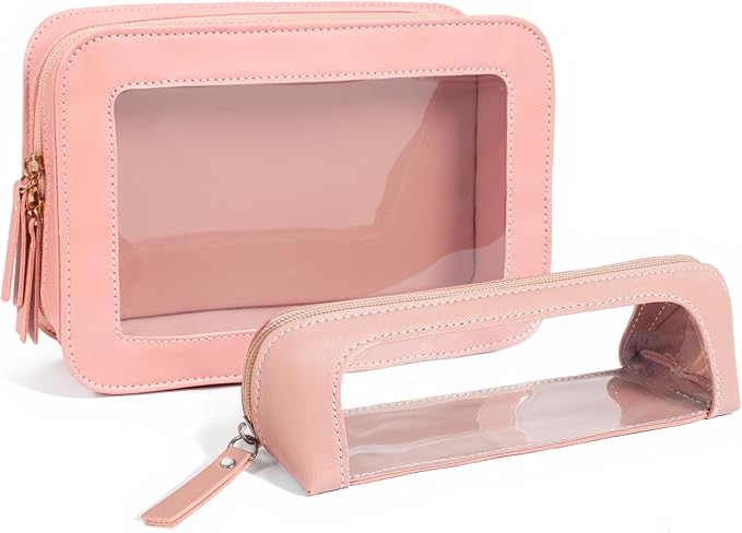 2Pack Clear Makeup Bags Set, Small Clear Makeup Bag, PU Leather Travel Makeup Brush Case Portable Transparent Waterproof Cosmetic Pencil Case Organizer Pouch(2Pack-White Set) by LETGO