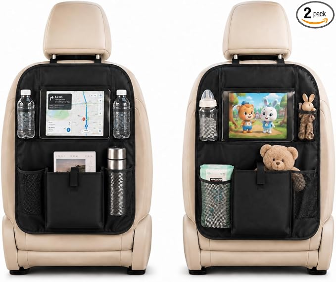 Car Backseat Organizer with 12 Storage Pockets, 12" Touch Screen Tablet Holder, Waterproof Kick Mats Seat Protector, Car Organizers and Storage for Kids, Road Trip Essentials（2 Pack，Black） by ZNTEZED
