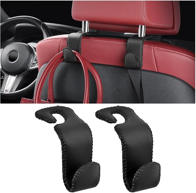 Zpana 2PCS Car Headrest Hooks Genuine U-Shaped Hanging Holder Black | Genuine leather surface, suspended structure, rotates for front or back seat use, universal fit, automotive accessories by Zpana