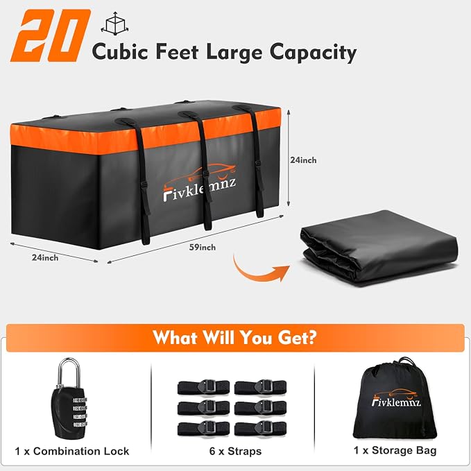 20 Cubic Hitch Mount Cargo Carrier Bag Waterproof Soft Car Tray | Luggage Bag (59" 24" 24") with 6 Reinforced Straps + 1 Combination Lock, Fits for All Vehicles with Steel Trailer Basket - Image 5