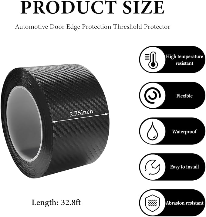 Car Door Edge Guards Door Sill Protector, 2.8In x 32.8Ft Door Entry Carbon Fiber Vinyl Wrap Film, Anti-Collision Bumper Guard Door Sill Scratch-Resistant Tape for Vehicle (Black) - Image 2