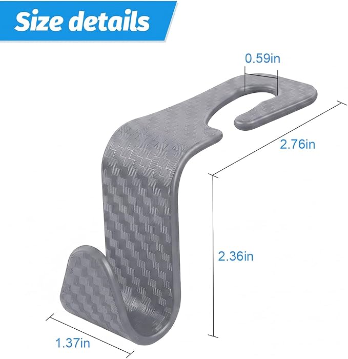 4 Pack Headrest Hooks for Vehicle Seats, Carbon Fiber/Gray | rear-row hanging storage, supports bags coats and groceries, fits matching headrest posts, interior accessory - Image 2