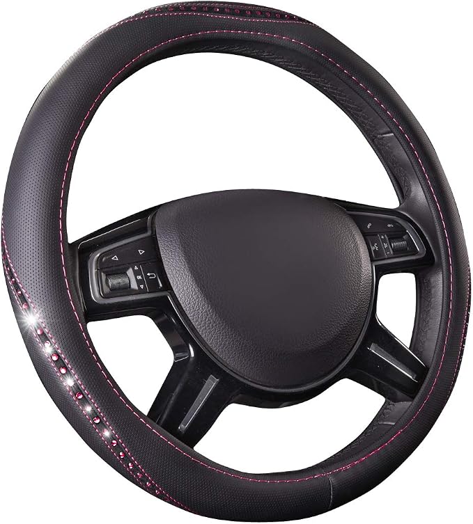CAR PASS Bling Diamond Leather Steering Wheel Cover, Studded Crystal Rhinestones Universal Fit 14" 1/2-15" Crystal Glitter for Women Sparkle Girl Fit Suvs,Vans,Sedans,Cars,Trucks, Hot Pink Diamond by CARPASS