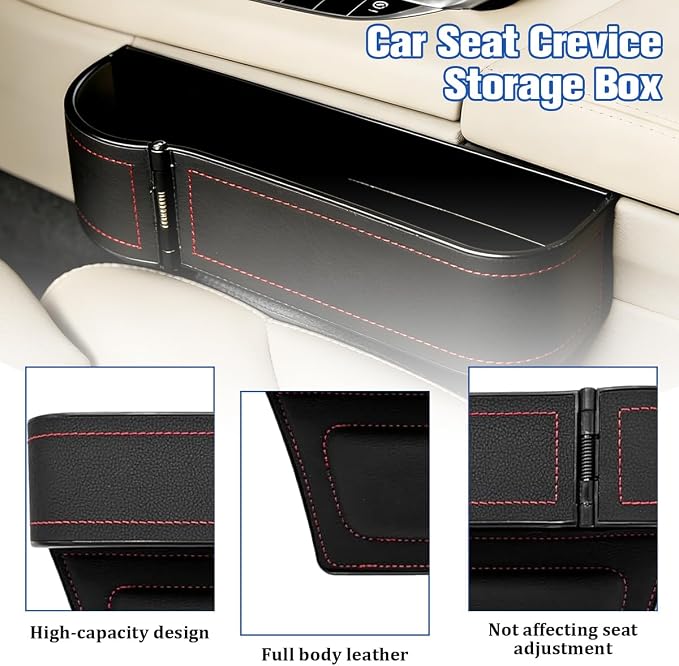 Car Seat Gap Filler Organizer with Cup Holder Expander, Leather Console Seam Filler Storage Box, Auto Front Seat Gap Organizer for Phones Keys Glasses, Universal Fit (Black/Red Driver) - Image 3