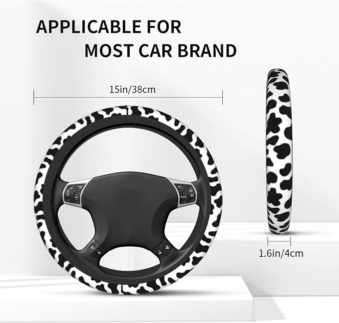 Cow Print 3pc car Set : Steering Wheel Cover + 2 Pc Car Coasters | neoprene Anti-Slip Breathable Universal 14.5-15.5 in for Suitable for Men Women - Image 3