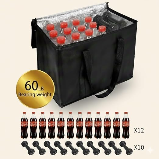 2-Pack, XL-Large Insulated Grocery Shopping Bags, Black, Reusable Bag | Thermal Zipper,Collapsible,Tote,Cooler Bag,Transport hot and Cold,Camping groceries Insulated Food Delivery Bag - Image 3