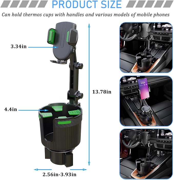 Car Cup Holder Phone Mount, 2 in 1 360° Rotation Long Arm Vehicle Cup Cell Phone Holder Expander with Adjustable Base, Automotive Drink Bottles Smartphones Stand, Universal Fit (Green) - Image 2