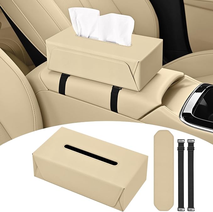 Car Tissue Holder with Magnetic & Strap Mount, Beige, 1 Pack | PU Faux Leather, For Sun Visor, Seat Back, Console, Refrigerator, Fits Standard Tissue Packs by HALOYiVGO