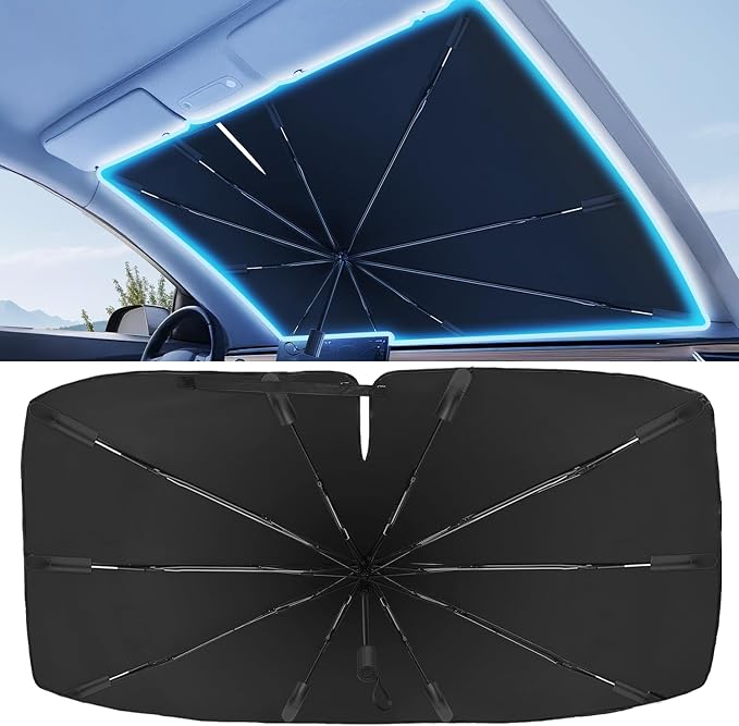 2025 Windshield Sun Shade Frame with Thickened Fast Cooling, Emergency Window Breaker, 99% UV Blocking Protects Car from Sun and Heat Damage, Adjustable Bendable Design for SUV/Sedan/(59" L x 34" W) by BREGINELLC