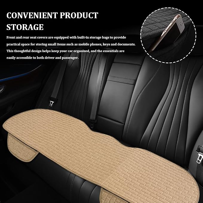 Linen Car Back Seat Cover, Car Seat Bottom Covers Protectors, Anti-Slip Automotive Long Rear Seat Protectors with Storage Pocket, Seats Back Protector for Most Vehicles (Rear Seat/Beige) - Image 4