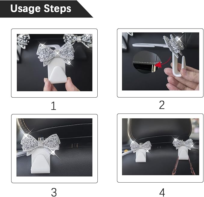 Zpana Bling Car Headreat Hook, 2PCS Crystal Rhinestone Cute Bow Vehicle Seat Back Hanger Storage for Purses Bags Grocery, Diamond Auto Rear Seat Organizer, Universal for SUV Truck Sedan (Red) - Image 4